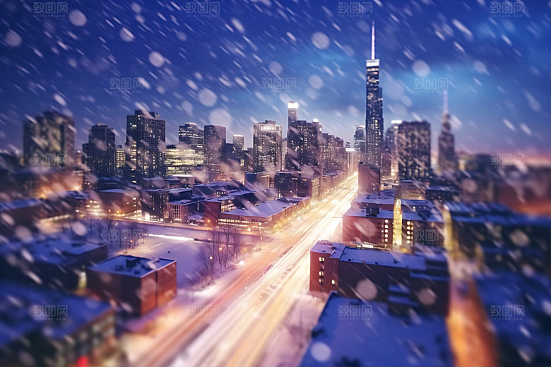 城市雪景冬日冬天城市夜景