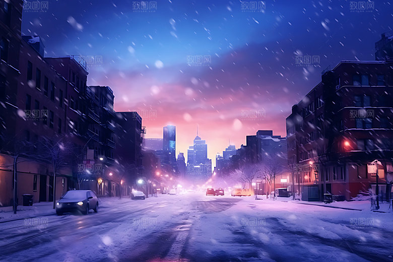 城市雪景鹅毛大雪冬季城市夜景