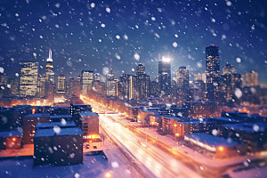 城市雪景北方城市飘雪城市夜景