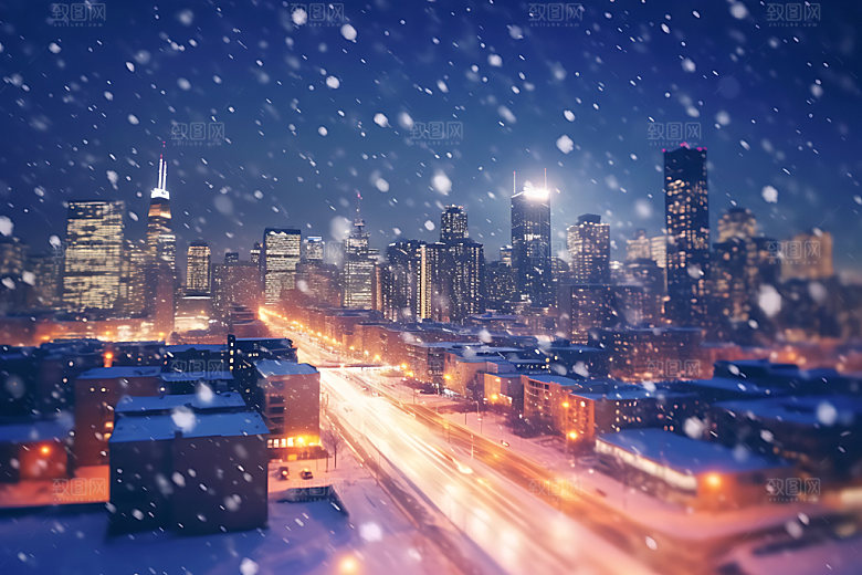 城市雪景北方城市飘雪城市夜景