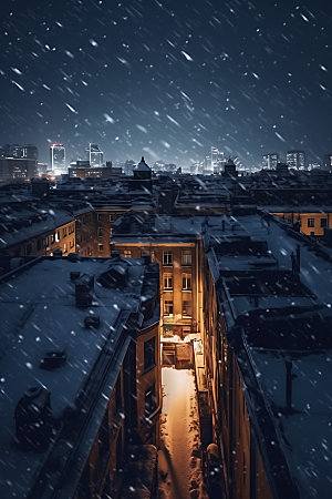 城市雪景冬季冬天城市夜景