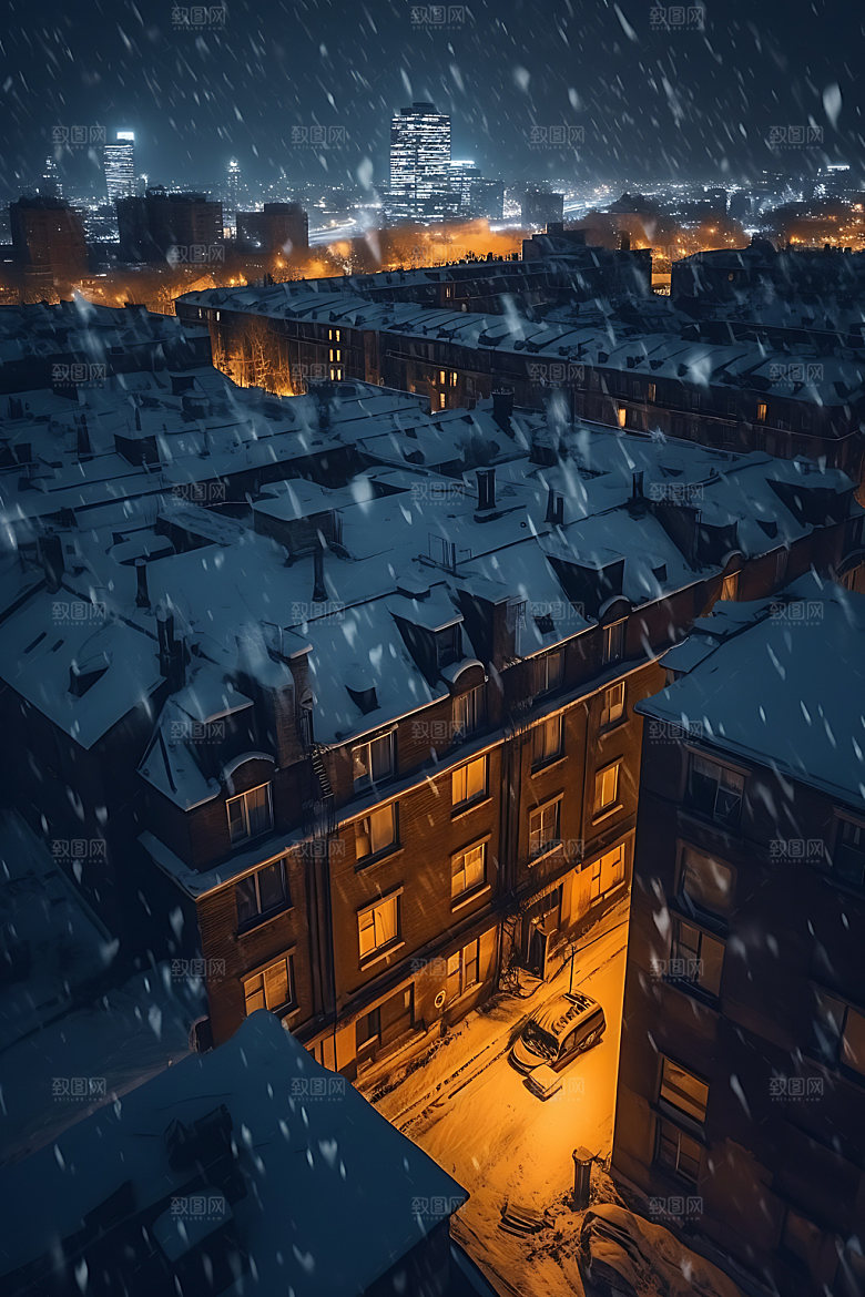 城市雪景冬季飘雪城市夜景