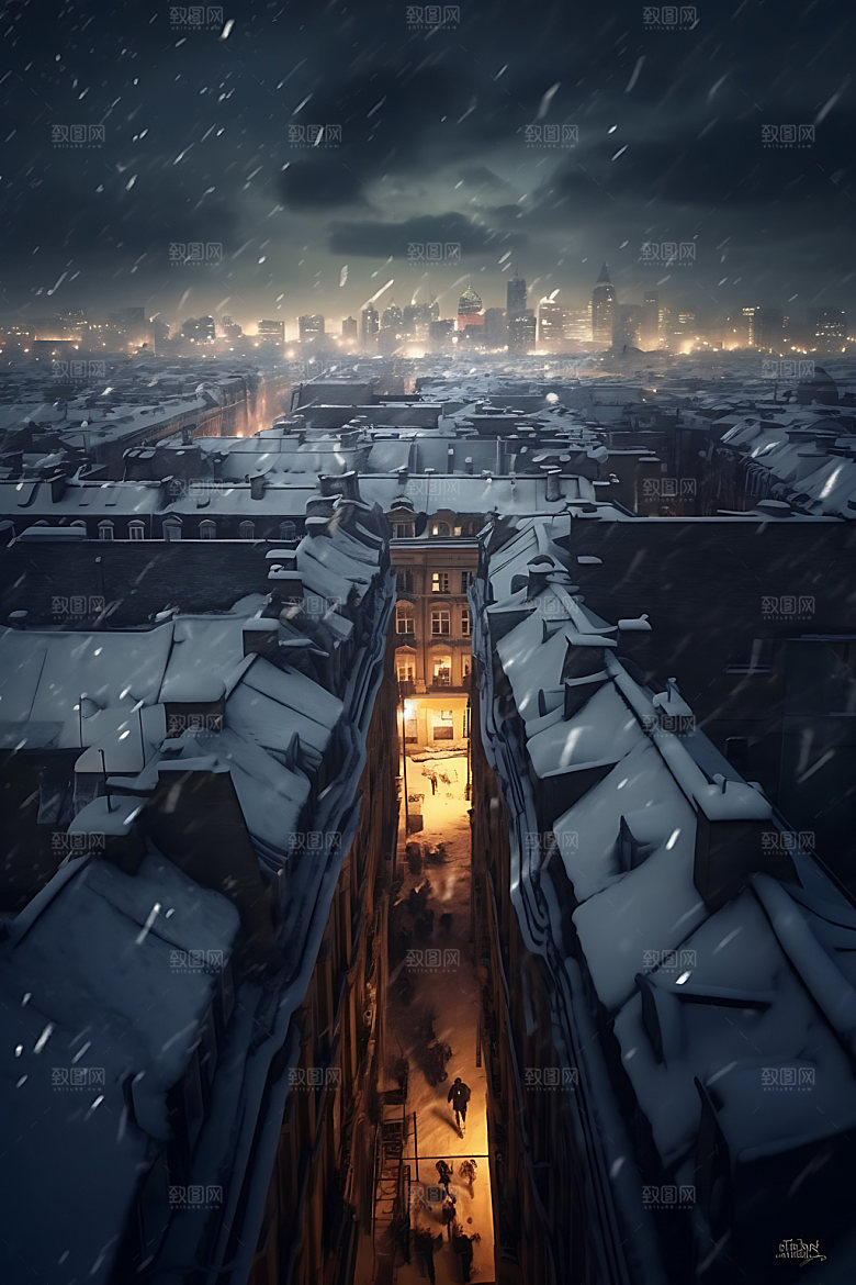城市雪景冬天冬日城市夜景
