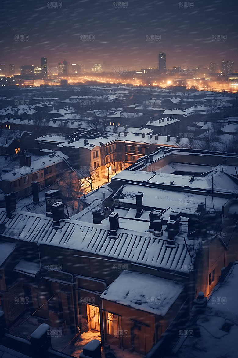城市雪景鹅毛大雪冬天城市夜景