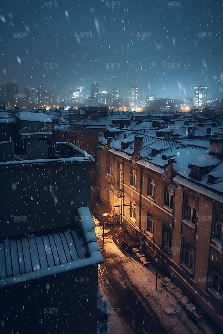 城市雪景飘雪北方城市城市夜景
