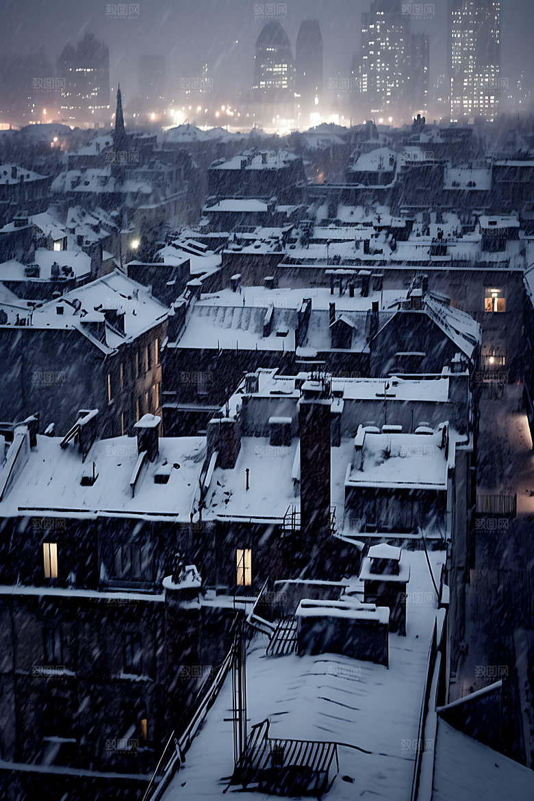 城市雪景冬日冬季城市夜景