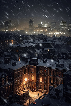 城市雪景冬天冬季城市夜景