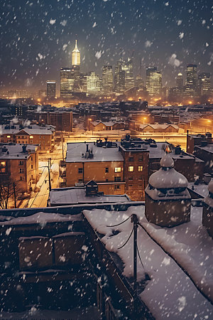 城市雪景鹅毛大雪冬日城市夜景