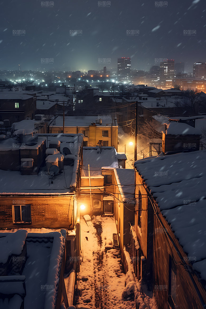 城市雪景冬季鹅毛大雪城市夜景