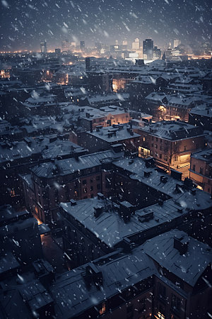 城市雪景冬日飘雪城市夜景
