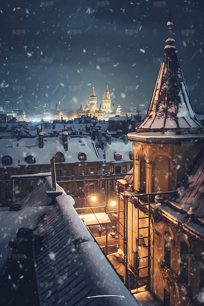 城市雪景飘雪鹅毛大雪城市夜景