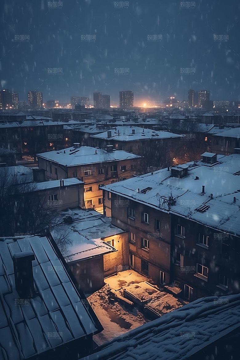 城市雪景冬日飘雪城市夜景