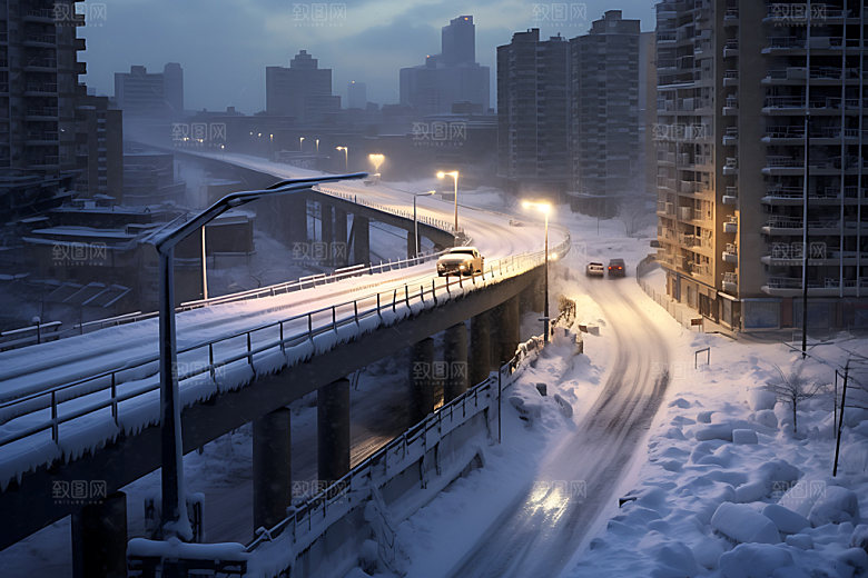 城市雪景鹅毛大雪飘雪城市夜景