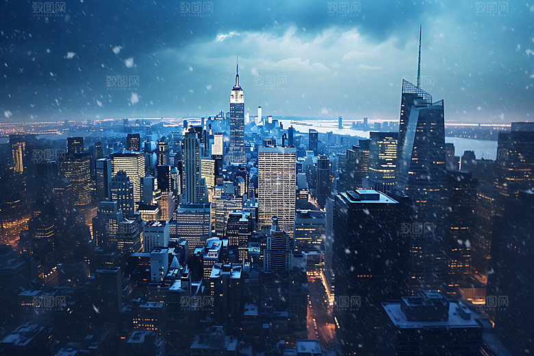 城市雪景北方城市飘雪城市夜景