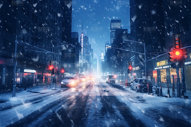 城市雪景鹅毛大雪冬天城市夜景