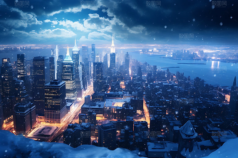 城市雪景冬日鹅毛大雪城市夜景