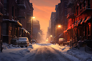 城市雪景鹅毛大雪冬季城市夜景