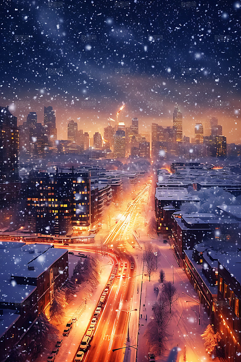 城市雪景飘雪冬季城市夜景