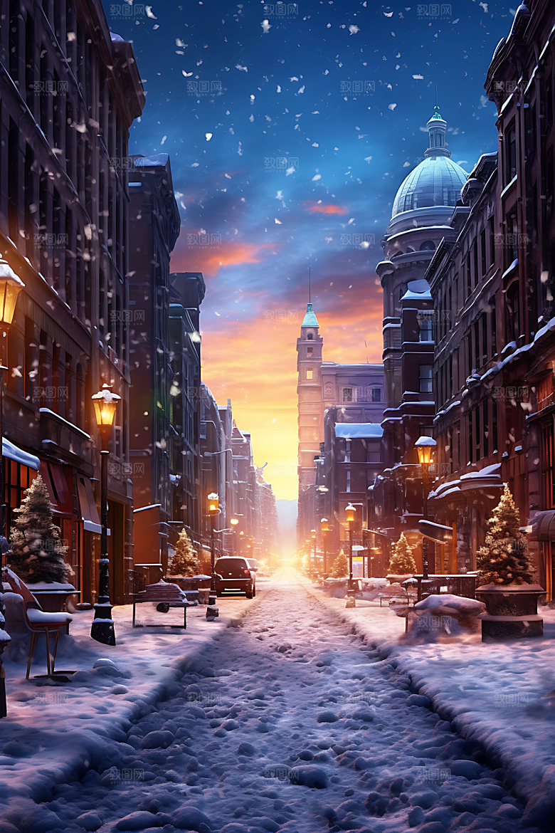 城市雪景飘雪冬日城市夜景