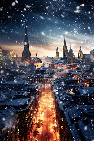 城市雪景冬日鹅毛大雪城市夜景