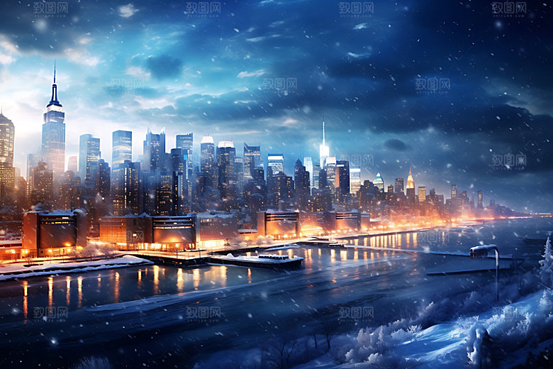城市雪景鹅毛大雪飘雪城市夜景