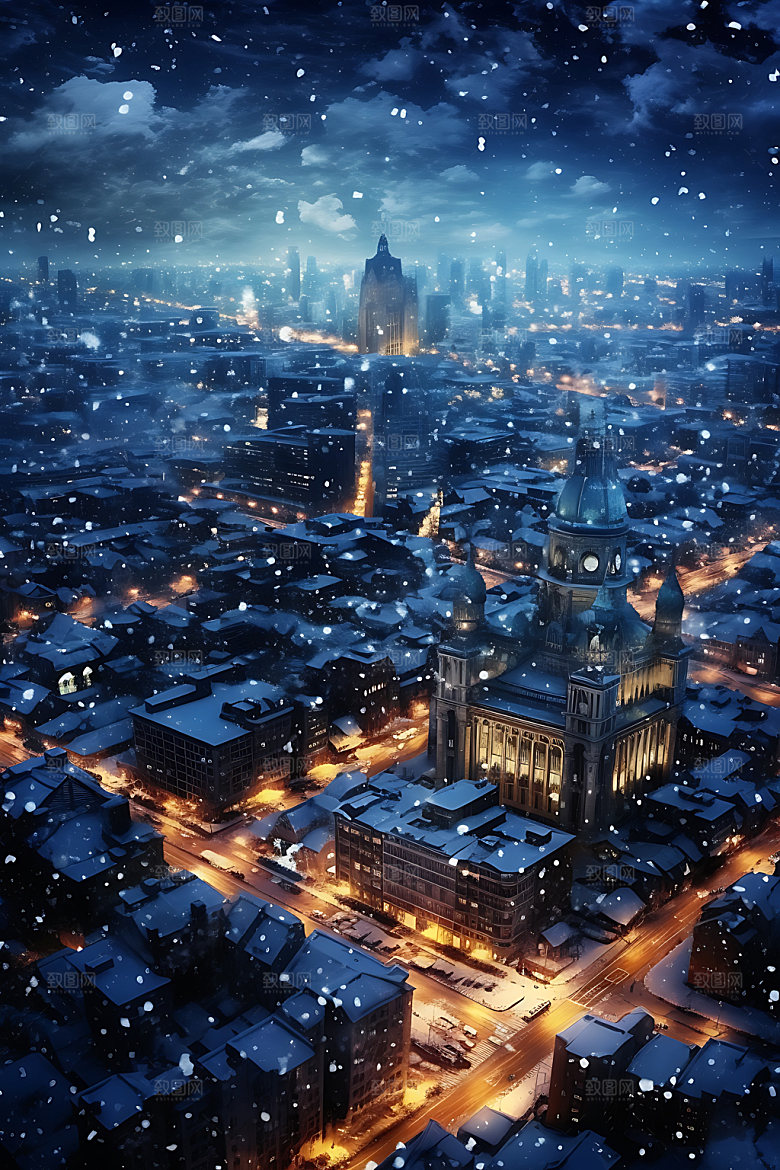 城市雪景北方城市飘雪城市夜景