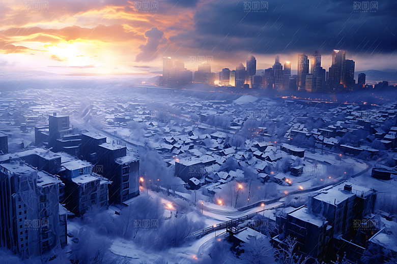 城市雪景冬季飘雪城市夜景