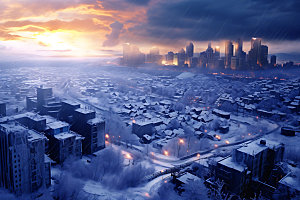 城市雪景冬季飘雪城市夜景
