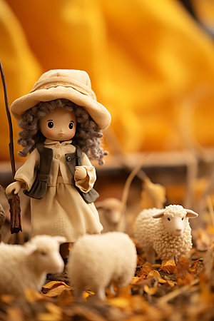 羊毛毡女孩落叶高清摄影图