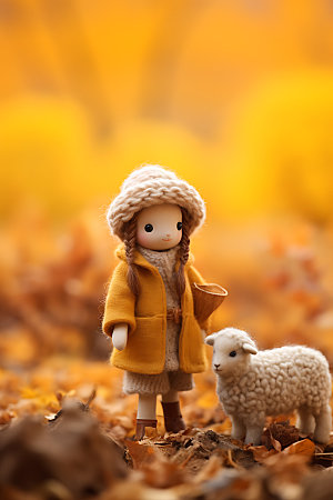 羊毛毡女孩甜美落叶摄影图