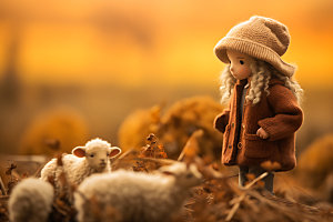 羊毛毡女孩秋天落叶摄影图
