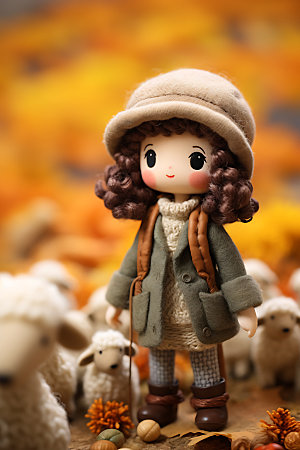 羊毛毡女孩落叶可爱摄影图