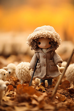 羊毛毡女孩落叶秋季摄影图