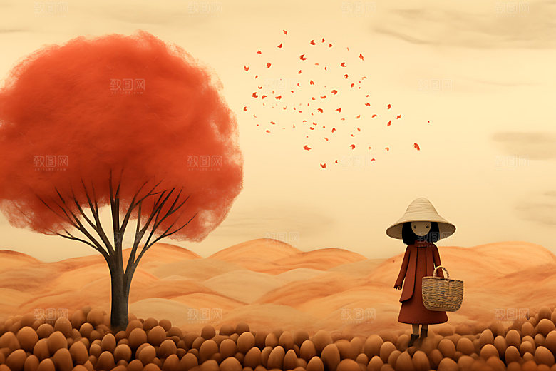 秋季人物毛绒风格风景人物毛毡画