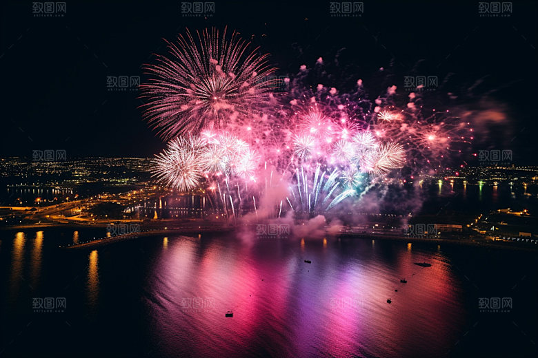烟火大会湖上焰火节庆素材