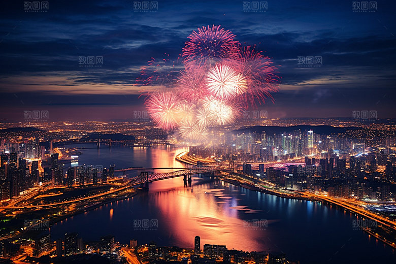 烟火大会湖上焰火景色素材