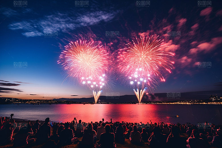 烟火大会湖上焰火节庆素材