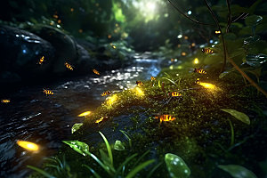 夏日萤火虫溪流自然环境摄影图