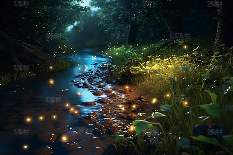 夏日萤火虫森林昆虫摄影图