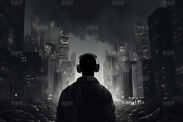 听音乐背影创意数码素材