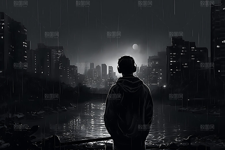 听音乐背影耳机流行素材