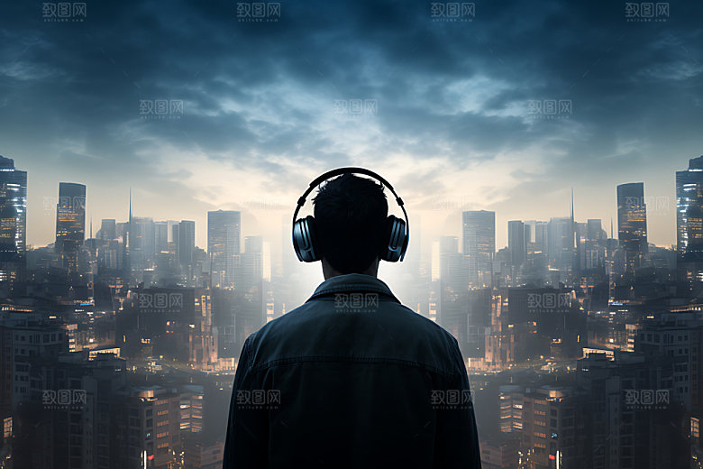 听音乐背影耳机流行素材