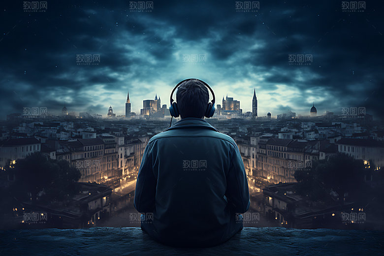 听音乐背影创意数码素材