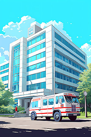 医院大楼救护车院区素材