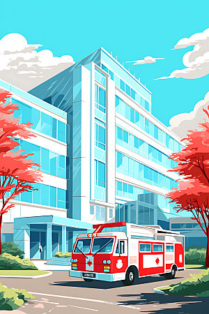 医院大楼插画救护车素材