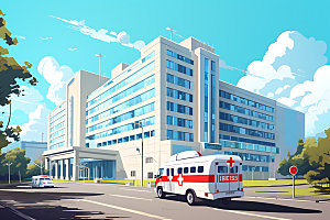 医院大楼救护车插画素材