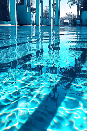 蓝色游泳池清新波光摄影图