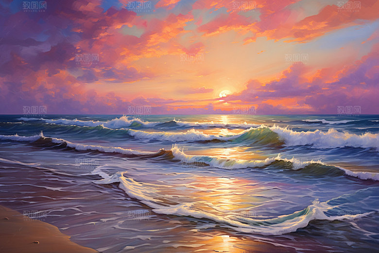 海边油画唯美涂抹素材