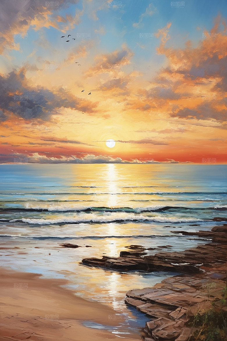 海边油画海滩高清素材
