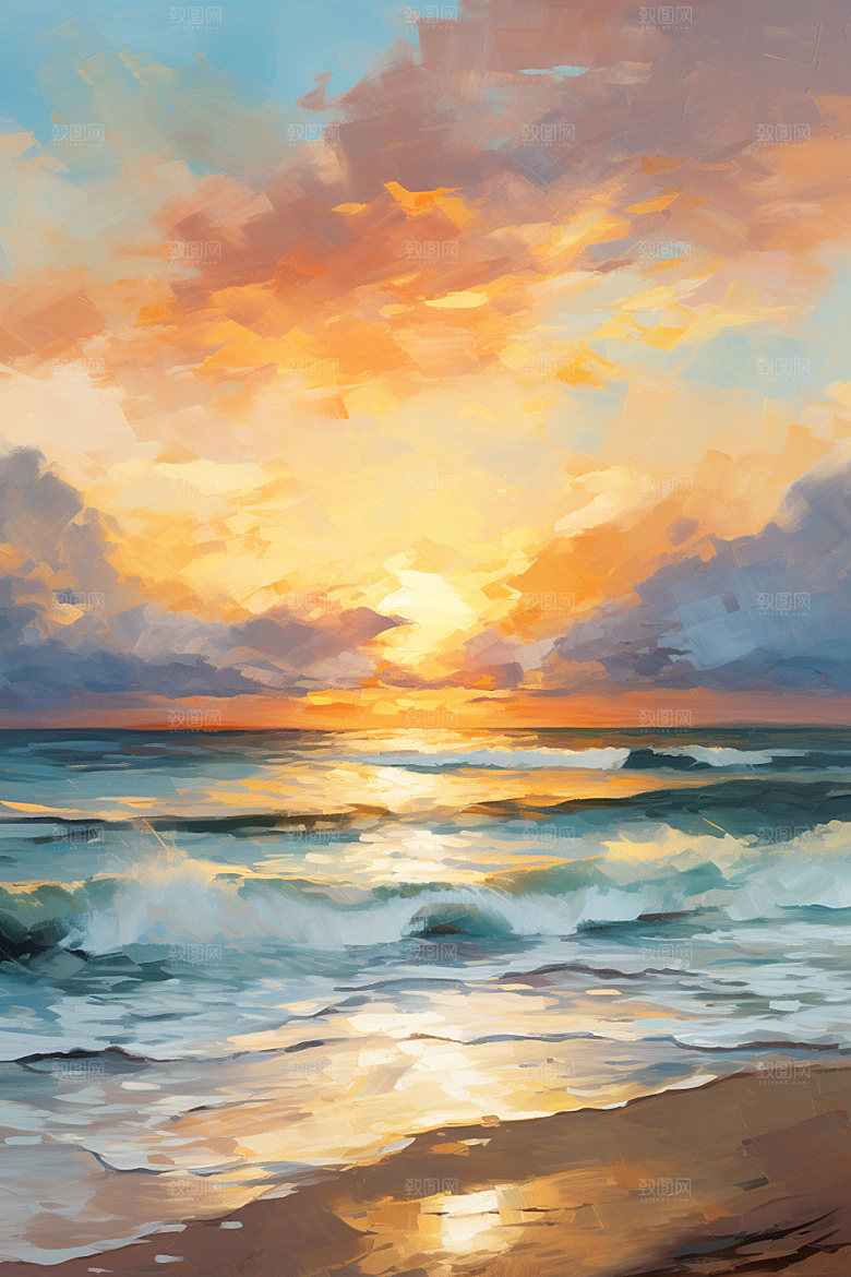 海边油画涂抹唯美素材